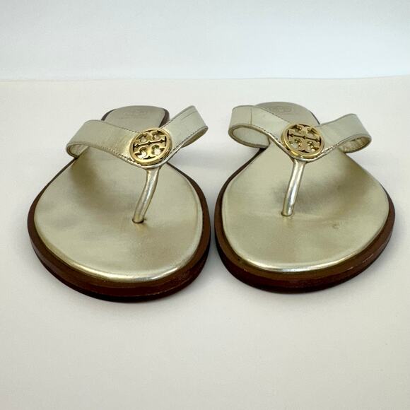 Tory Burch Benton Spark Gold Metallic Leather Thong Slippers Sandal US 10M - Picture 3 of 11